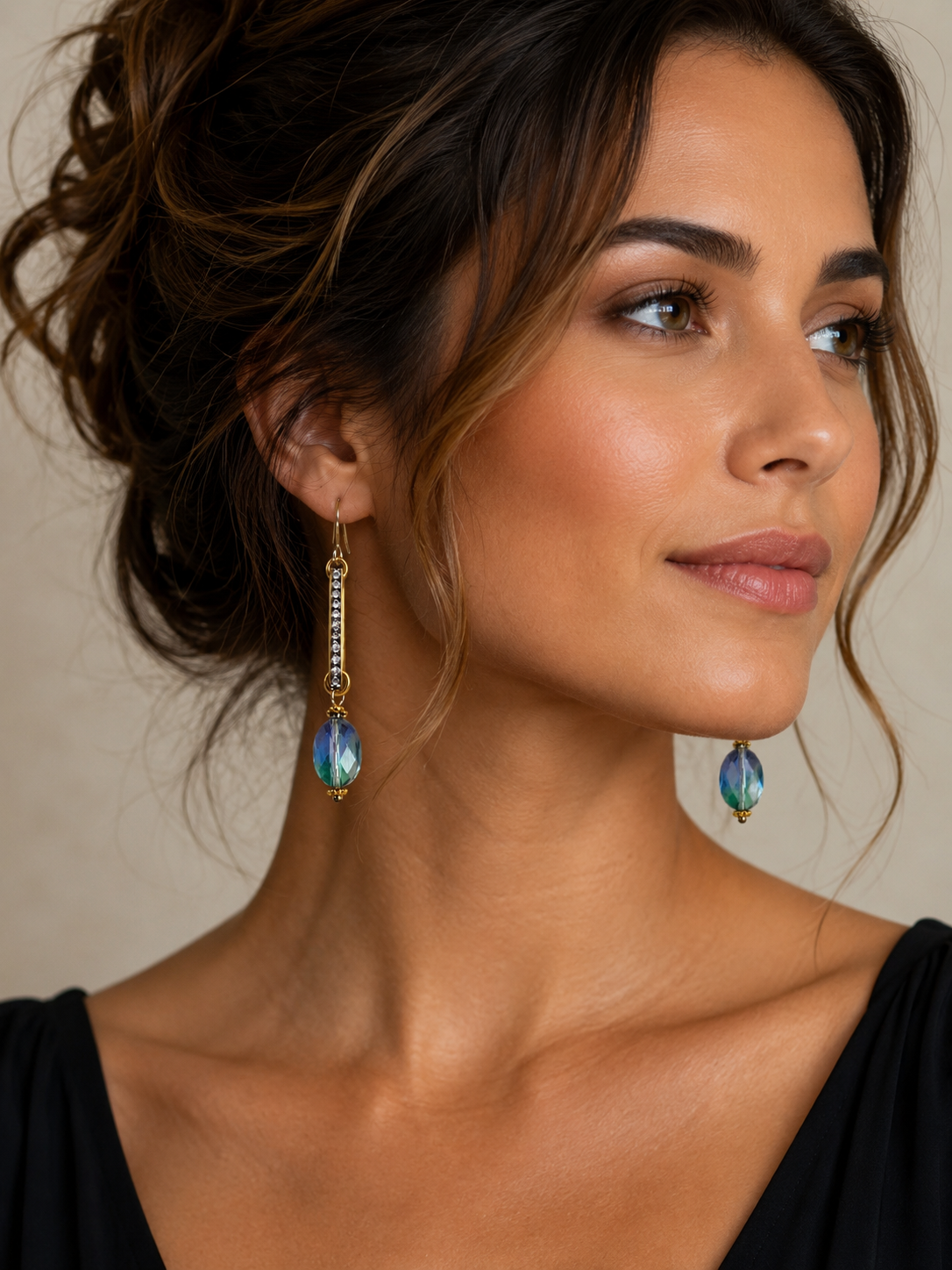 Blue Ombre Swarovski Crystal Drop Earrings with Gold Rhinestone Bars | Handmade Statement Earrings