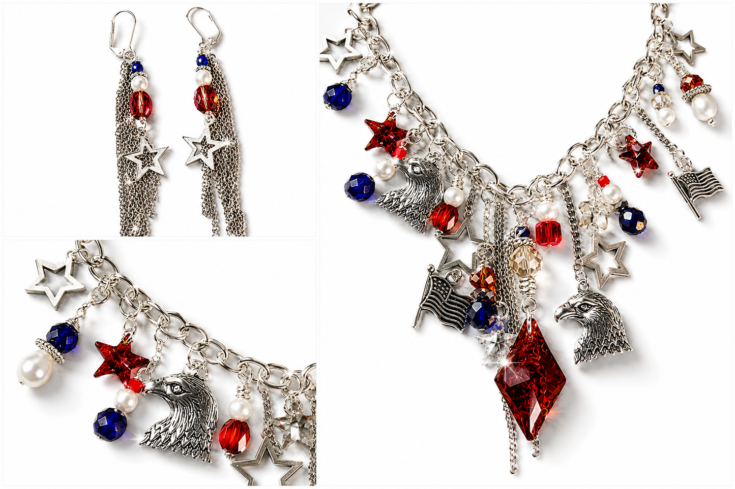 Red White & Blue Swarovski Crystal Patriotic Charm Necklace with Matching Fringe Earrings