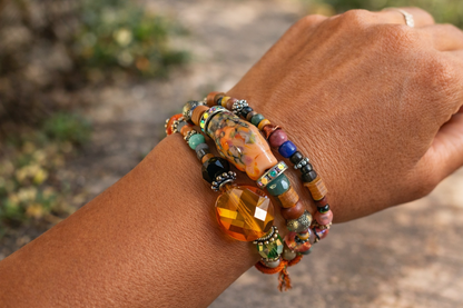 Boho Artisan Trio Wrap Bracelet Set – Hand-Blown Glass Focal Bead with Crystal & Mixed Beads