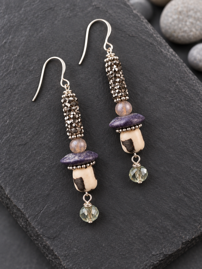 Handmade Purple Stone and Crystal Drop Earrings