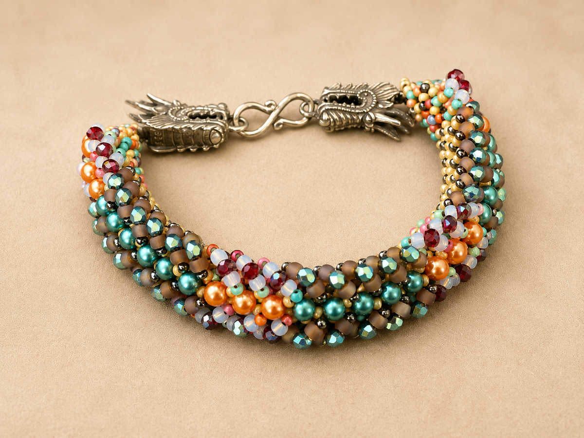 Hand-Beaded Right Angle Weave Bracelet with Crystals, Pearls & Dragon Clasp