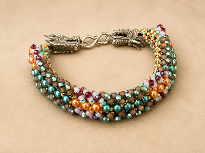 Hand-Beaded Right Angle Weave Bracelet with Crystals, Pearls & Dragon Clasp