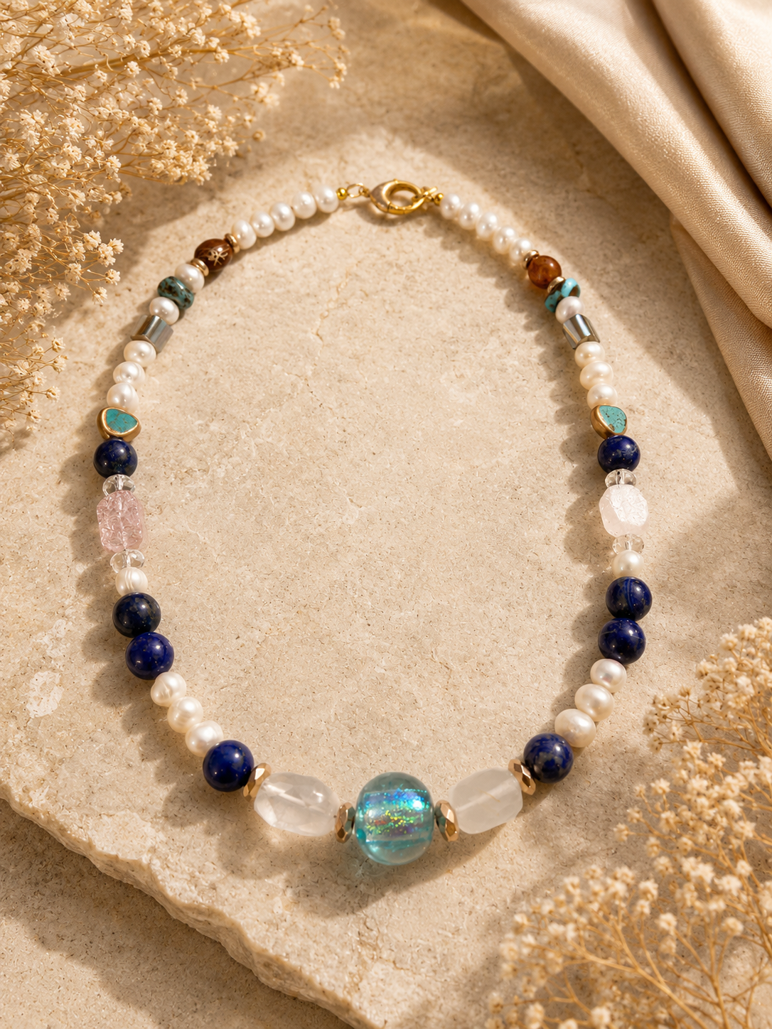 Handmade Ocean Blue Glass Necklace with Lapis, Quartz, Pearls & Abalone Shell | Artisan Jewelry
