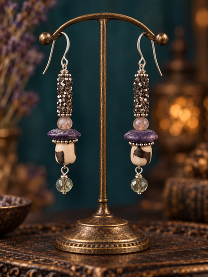 Handmade Purple Stone and Crystal Drop Earrings
