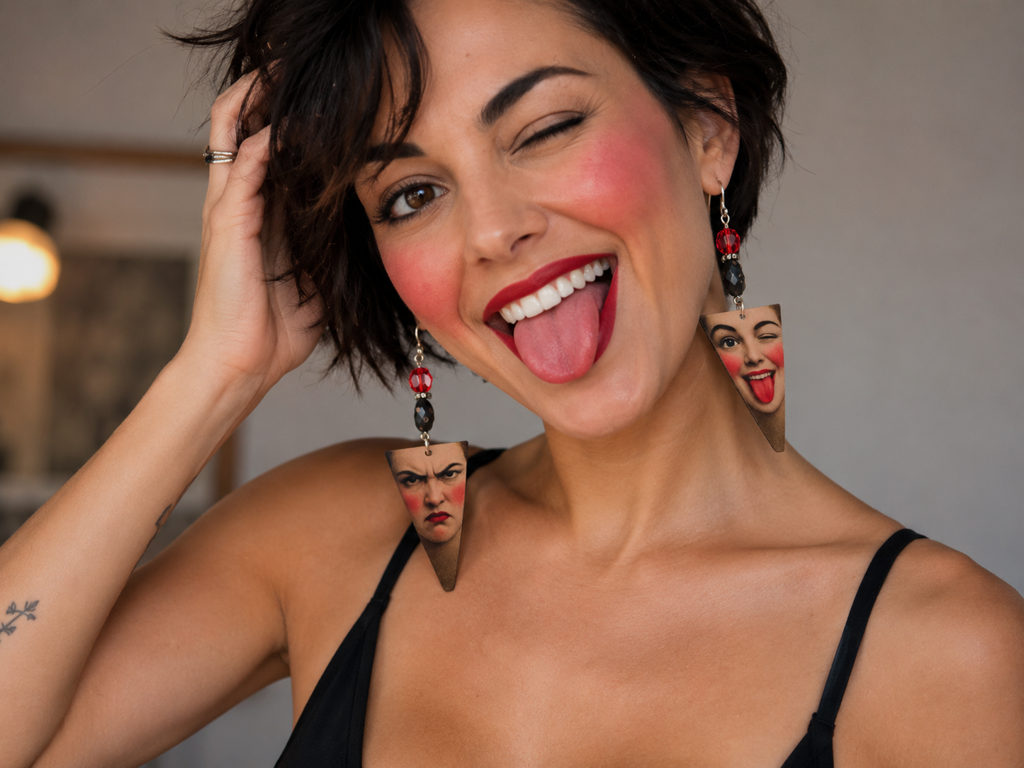 Funny Mood Swing Earrings with Vintage Crystal, Czech Glass Beads & Retro Face Art