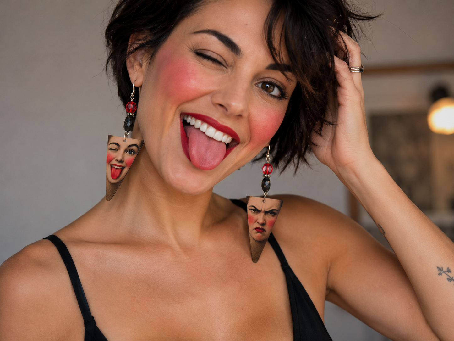 Funny Mood Swing Earrings with Vintage Crystal, Czech Glass Beads & Retro Face Art