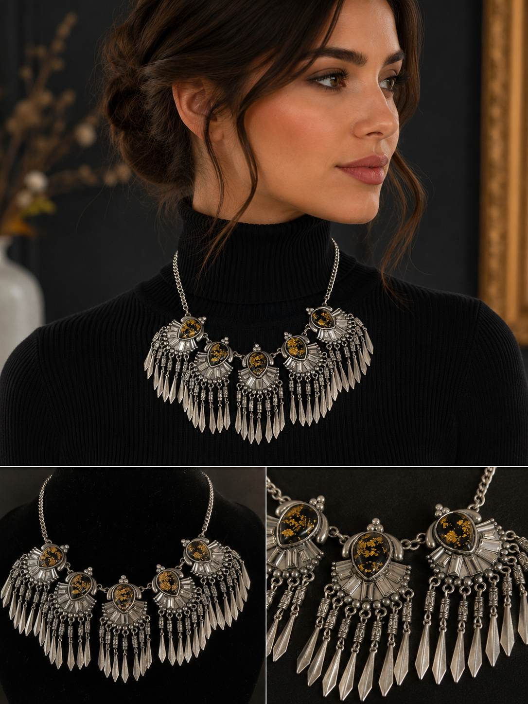 Vintage Silver Fringe Necklace with Gold Fleck Crystal Cabochons and Baguette Rhinestones