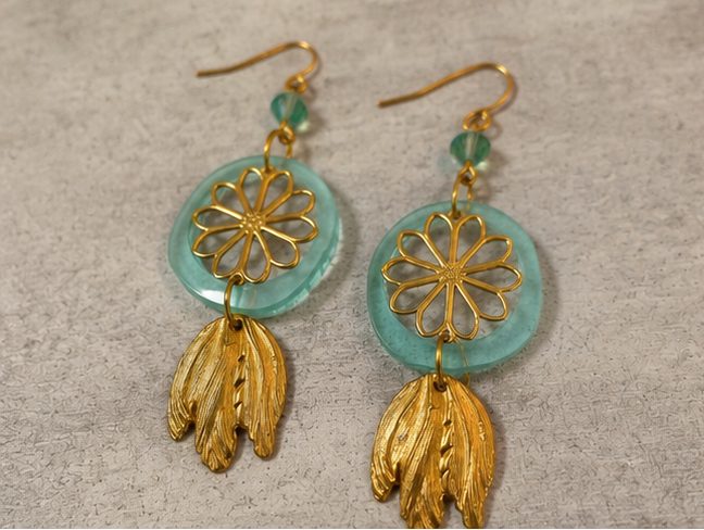 Mint Green Resin Floral Dangle Earrings | Gold Mixed Metal & Vintage Crystal Earrings