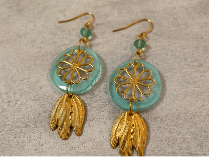 Mint Green Resin Floral Dangle Earrings | Gold Mixed Metal & Vintage Crystal Earrings