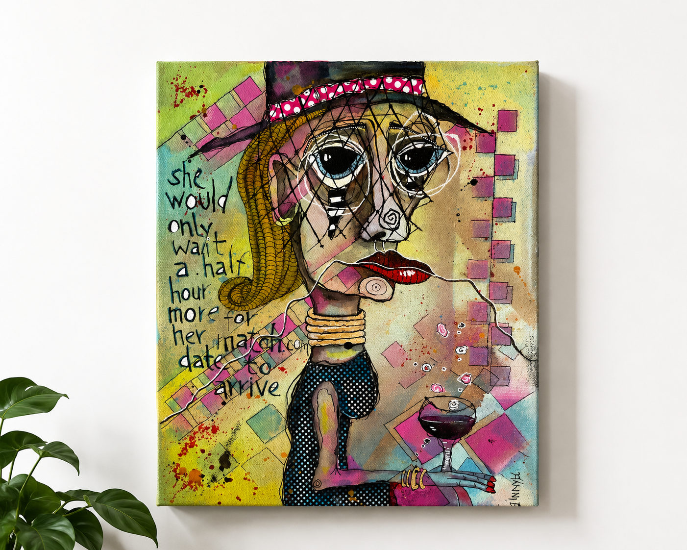 11x14 Mixed Media Canvas Painting | Match Dot com Dating Art | Original Folk Art Wall Decor