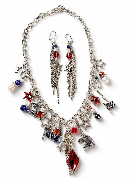 Red White & Blue Swarovski Crystal Patriotic Charm Necklace with Matching Fringe Earrings