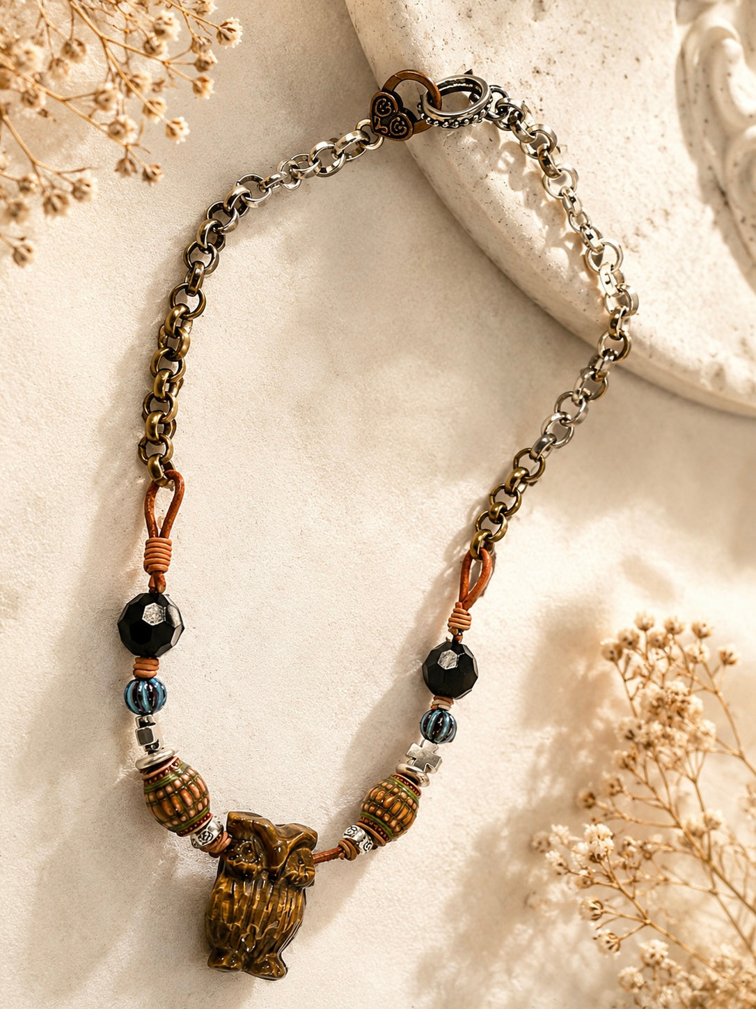 Tiger Eye Owl Pendant Necklace | Handmade Leather, Mixed Metal & Artisan Beads | 18”