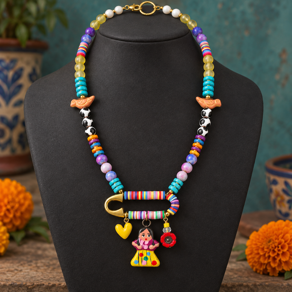 Frida Charm Necklace with Jasper, Heishi Beads & Birds