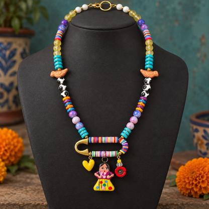 Frida Charm Necklace with Jasper, Heishi Beads & Birds
