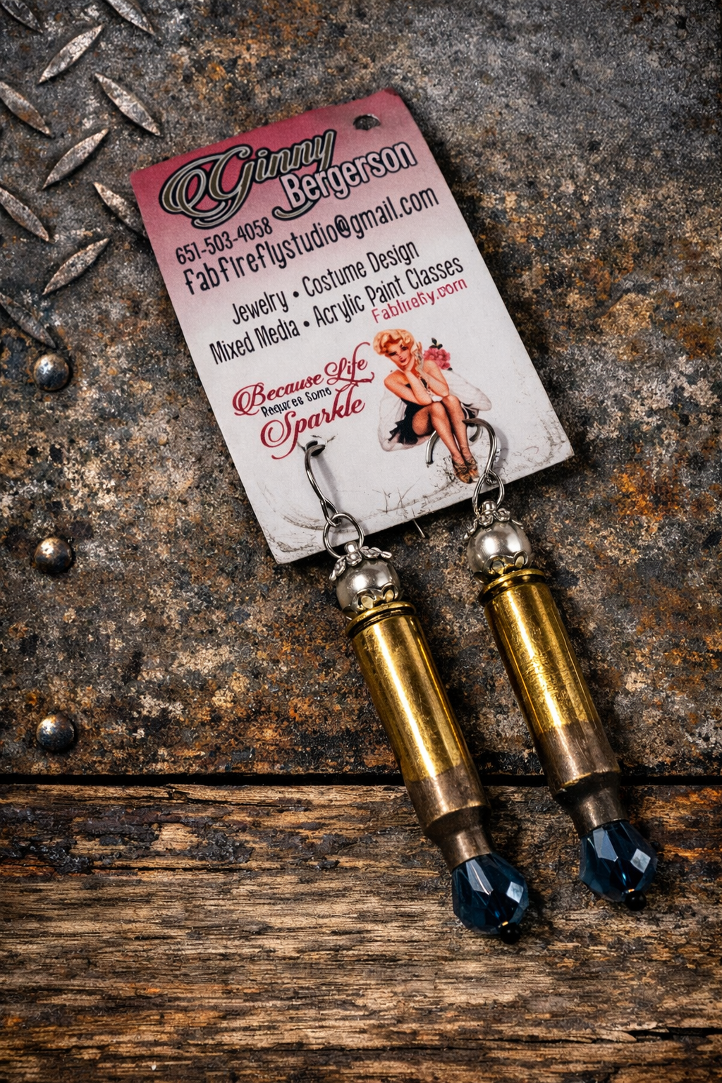 Handmade Bullet Casing Earrings – Recycled Brass Rifle Shell Jewelry with Crystal & Pearl Drops
