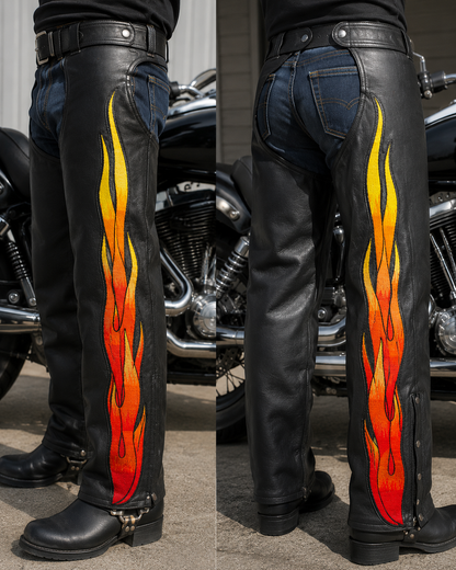 Large 14.5” Embroidered Flame Patches for Leather Jackets, Motorcycle Chaps & Vests – Pair
