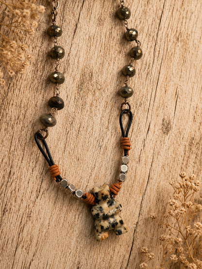 Handmade Courage Bear Stone Necklace | Leather, Abalone, Crystal & Paper Clip Chain | 18 Inch