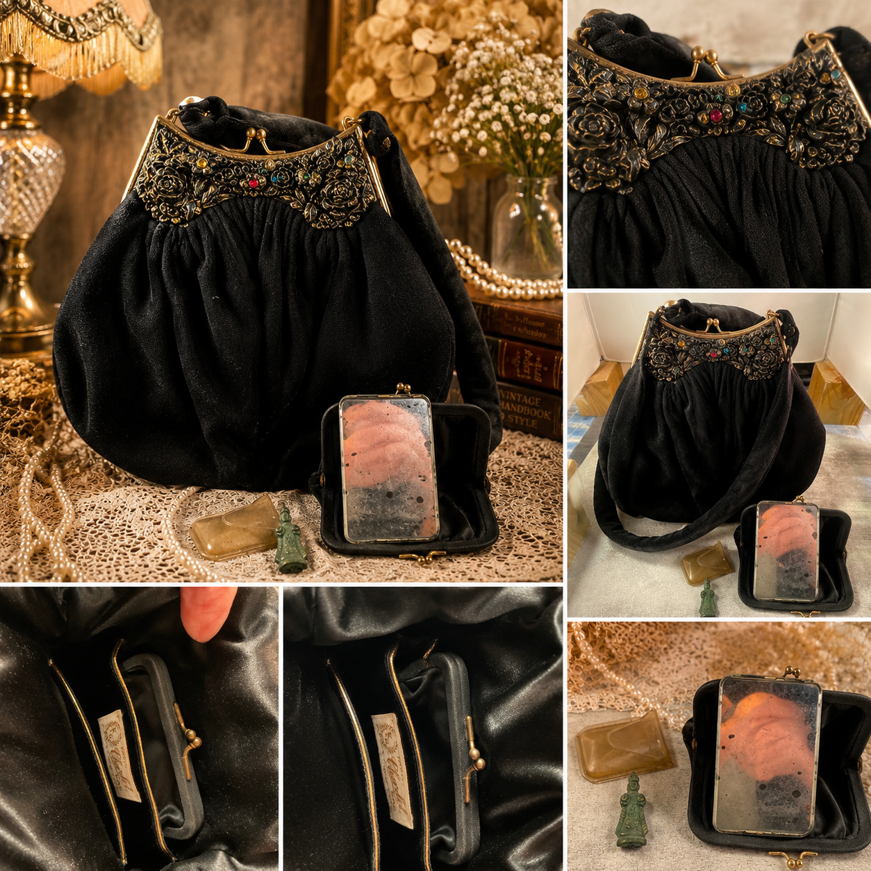 Vintage Black Evening Bag Jeweled Frame Purse with Mirror Coin Purse 1950s Style