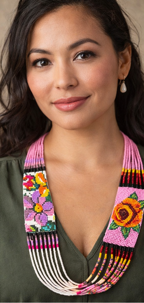 Hand-Beaded Statement Necklace – Adjustable 20” | Multi-Strand Boho Tribal Floral Design | Artisan Beadwork