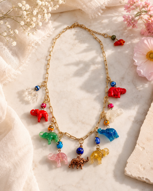 Vintage Celluloid Elephant Charm Necklace | Colorful Elephant Necklace | Adjustable 17–18.5 Inches