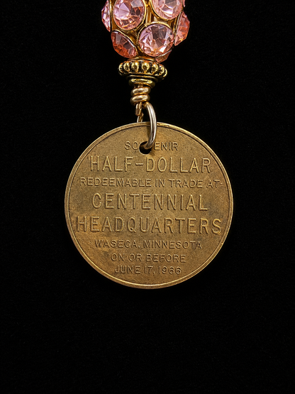 Vintage Waseca Centennial Souvenir Coin Necklace | Gold Tone Lariat Necklace with Crystal Accent