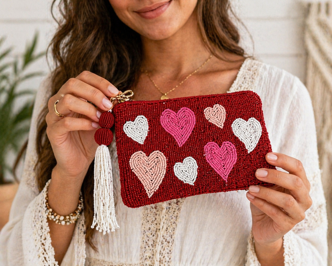 Sweetheart Beaded Cosmetic Pouch - Handmade in India (7' x 5")