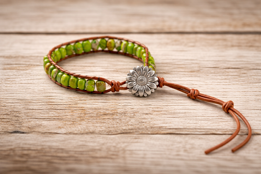 Czech Green Jasper Wrap Bracelet with Silver Floral Button  Adjustable Boho Leather Bracelet