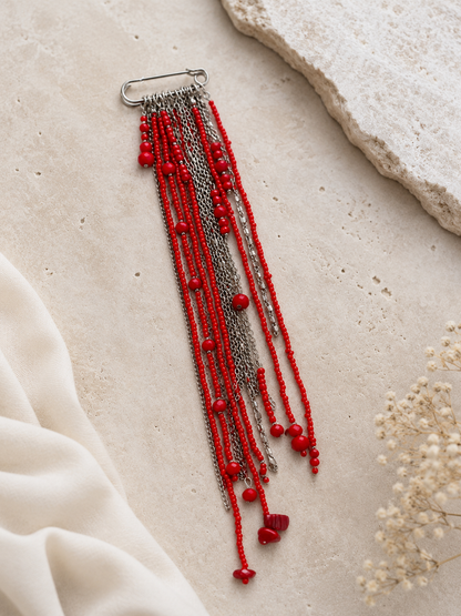 Handmade Red Beaded Fringe Safety Pin Brooch | Boho Statement Pin with Chains & Mixed Beads