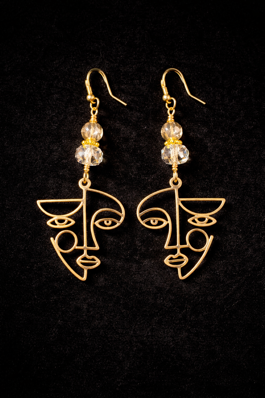 Abstract Face Gold Earrings – Czech Bead & Crystal Dangles (Multiple Styles)