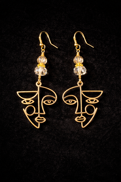 Abstract Face Gold Earrings – Czech Bead & Crystal Dangles (Multiple Styles)