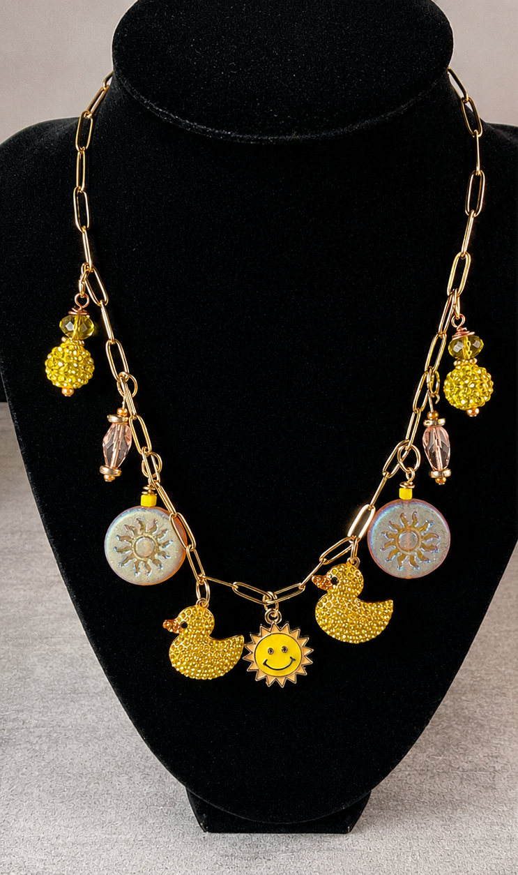 Gold Paperclip Chain Duck Charm Necklace with Vintage Crystals, Enamel Sun Charm & Czech Glass Beads