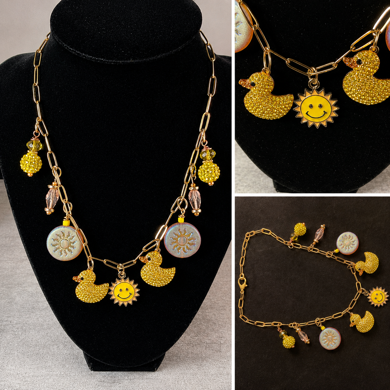 Gold Paperclip Chain Duck Charm Necklace with Vintage Crystals, Enamel Sun Charm & Czech Glass Beads