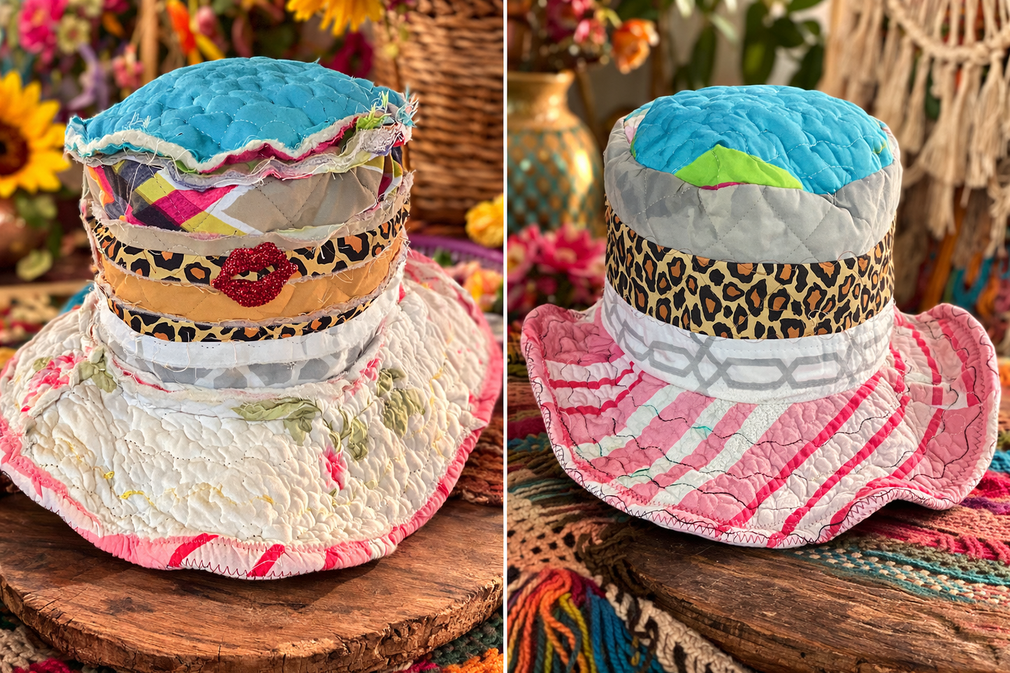 Dorothy Jean Reversible Patchwork Boho Hat with Rhinestone Lips Pin – Wired Brim, Size Large (23”)