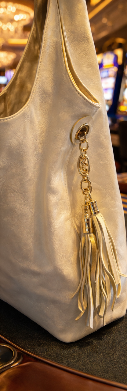Midnight Jackpot White Hobo Bag – Gold Interior Tassel Tote by New York & Company