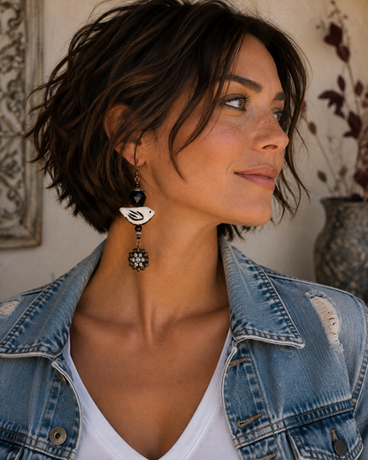 Handmade Swarovski Crystal Bird Earrings | Clay Bird Dangle Earrings with Rhinestone Flowers