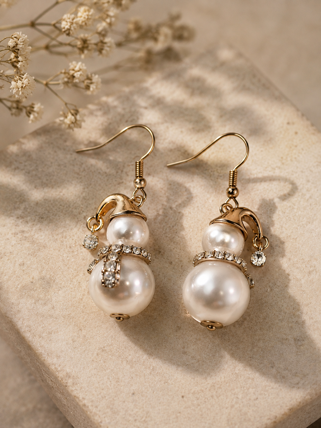 Pearl Snowman Earrings with Rhinestone Scarf – Winter Dangle Earrings