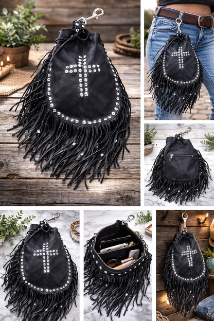 Boho Biker Fringe Leather Belt Bag – Studded Cross Western Pouch with Clip Hook