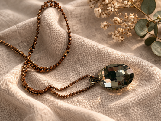 Smoky Crystal Drop Necklace – Faceted Pendant on Copper Bail Long Chain