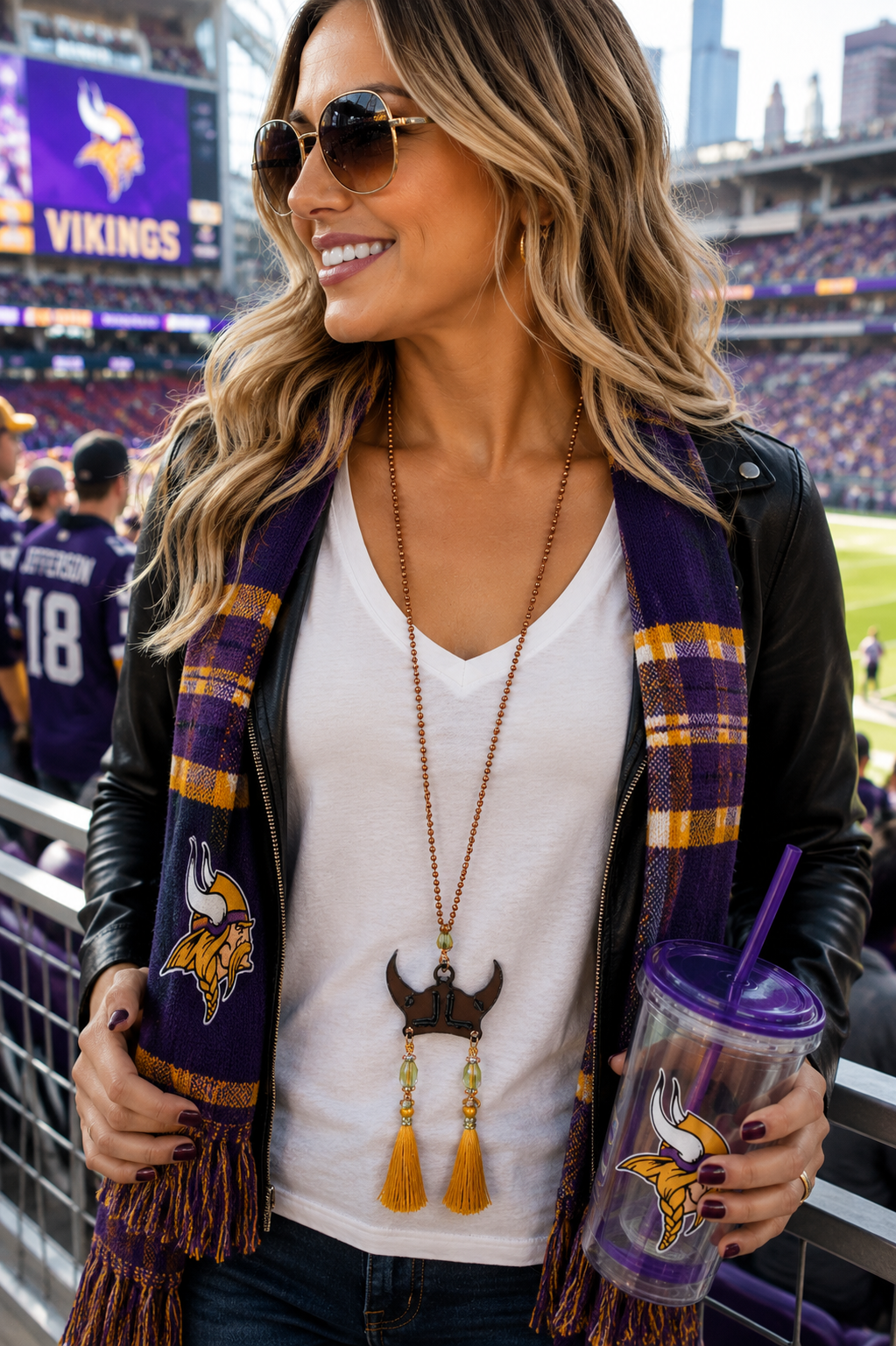 Minnesota Vikings Inspired Helmet Necklace with Vintage Crystals, Gold Tassels & Antique Bronze Ball Chain