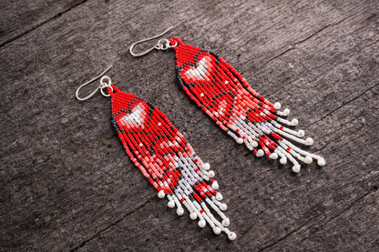 Hand Beaded Heart Fringe Earrings with Pearl Drops – Romantic Boho Statement