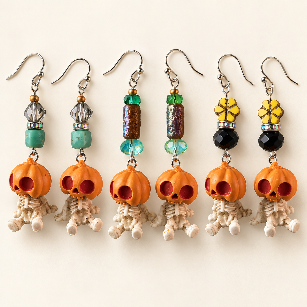 Resin Pumpkin Skeleton Dangle Earrings – Three Beaded Styles
