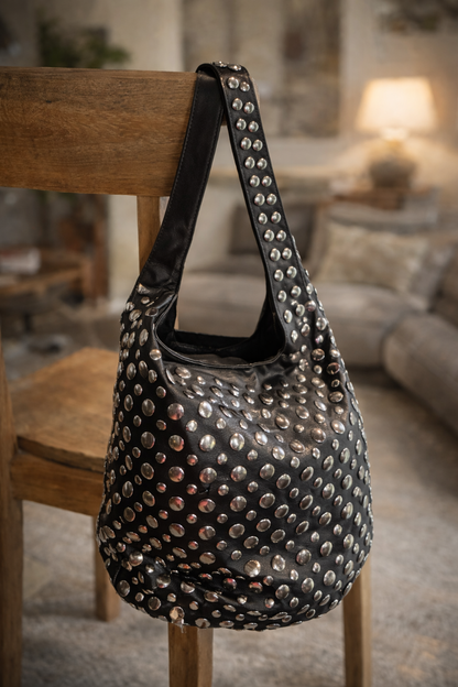 Vintage Studded Black Leather Look Shoulder Bag – Slouchy Hobo Style with Zipper Top & Interior Pockets