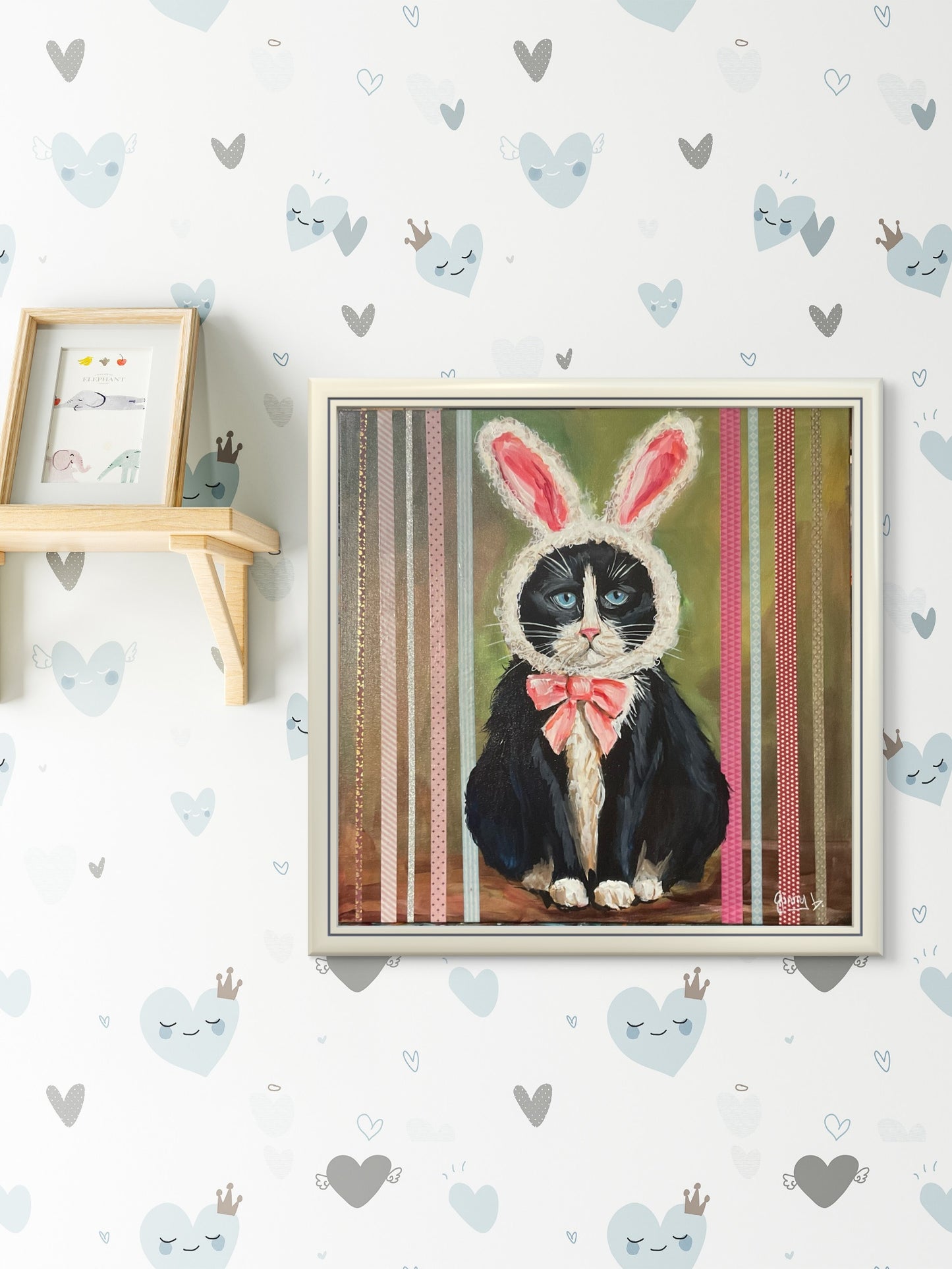 Somebunny Is Not Amused – Tuxedo Cat in Bunny Hat Mixed Media Painting- Local Pickup only