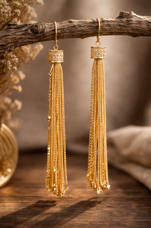 Golden Hour Fringe Shoulder Dusters  Vintage Sparkle Chain Statement Earrings