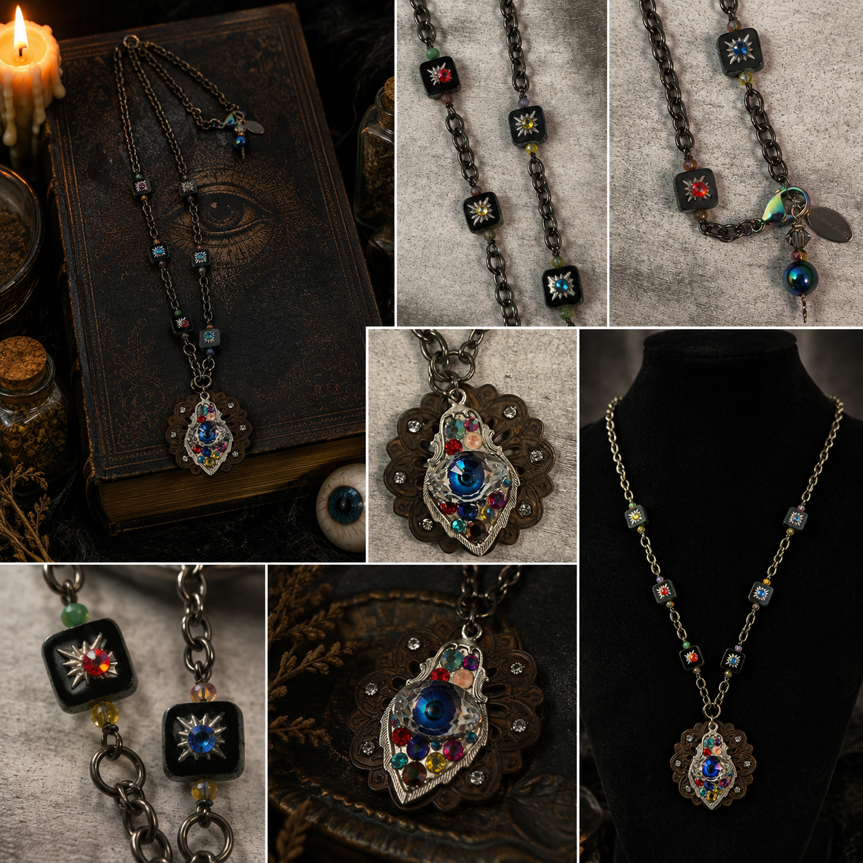 Swarovski Crystal Evil Eye Long Statement Necklace – Antique Bronze Mixed Metal Jewelry