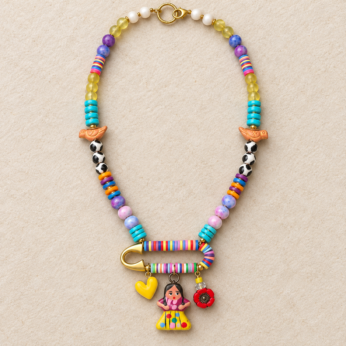 Frida Charm Necklace with Jasper, Heishi Beads & Birds