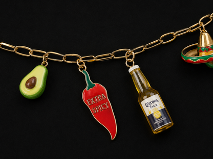 Mexican Charm Necklace | Avocado, Chili Pepper, Beer Bottle & Guitar Player Charms | 18” Gold Paperclip Chain