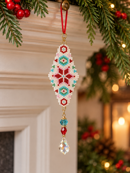 Hand-Beaded Holiday Ornament with Crystal Drop