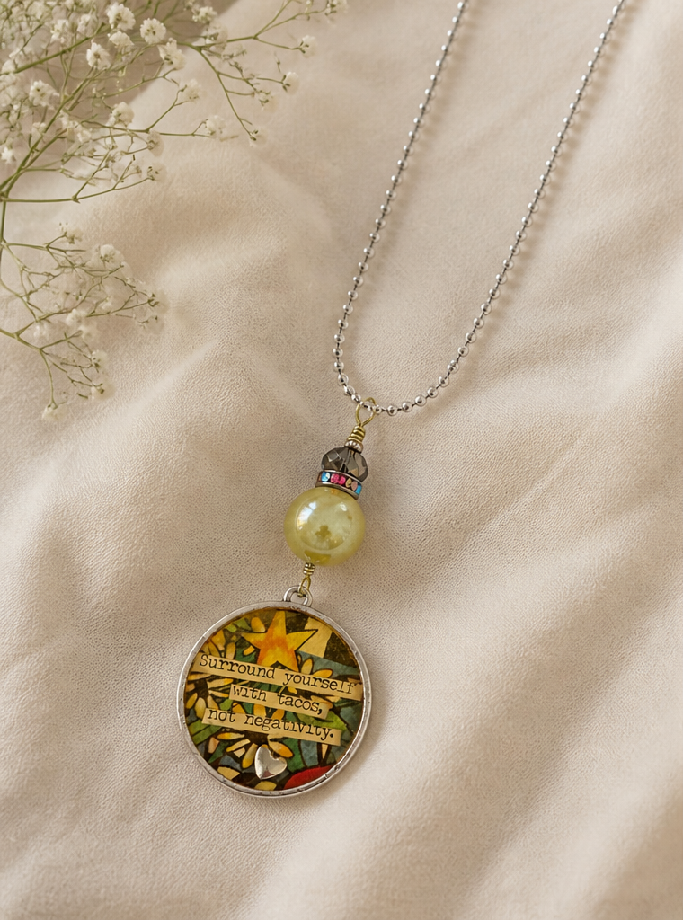 Tacos Not Negativity Pendant Necklace – Resin Statement Necklace with Heart Charm (28” Chain)