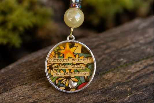 Tacos Not Negativity Pendant Necklace – Resin Statement Necklace with Heart Charm (28” Chain)
